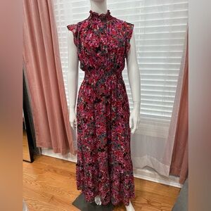 Pink and Red Floral Flutter Sleeve Maxi Dress